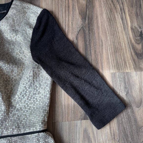 Black Halo Savona Metallic Gold Black Sleeve Mini Dress Size‎ 4 sparkle sequin - Picture 9 of 14